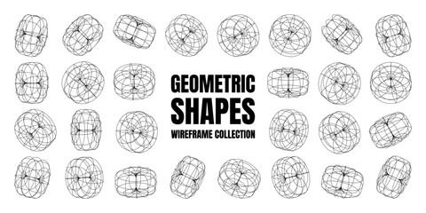 Wireframe lined shapes. Perspective mesh, 3d grid. Low poly geometric elements. Retro futuristic design elements, y2k, vaporwave and synthwave style. Vector illustration