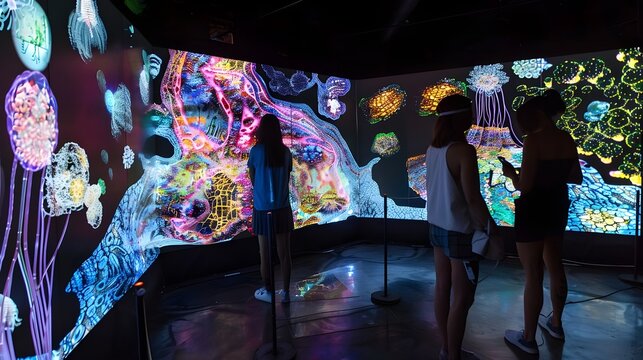 Visitors experiencing an immersive digital art installation, showcasing vibrant, animated projections that envelop the entire room.

