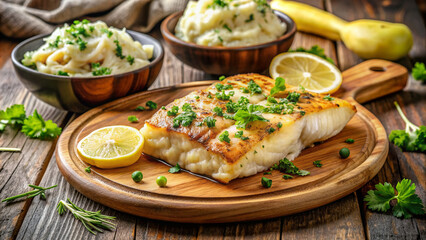 Freshly grilled cod filet on a rustic wooden plate, garnished with lemon wedges, parsley, and served with a side of buttery garlic mashed potatoes.