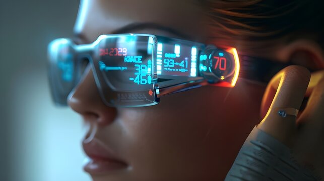 A person wearing futuristic augmented reality glasses displaying digital data, symbolizing cutting-edge technology in visual and information processing.
