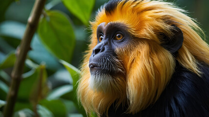 the magnificent Golden-headed Lion Tamarin gazes directly at the viewer, his fur gleaming in the sunlight. 