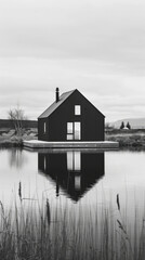 Fototapeta premium A modern black house sits on a wooden dock, reflected in the water of a lake, with tall grasses in the foreground
