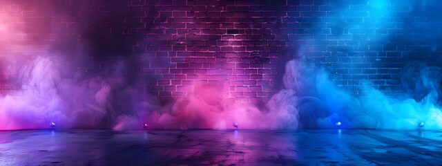 Abstract background with a brick wall, neon light and smoke. Dark room with a floor and empty space for product presentation. Background with blue, purple and pink colors in the style of different art