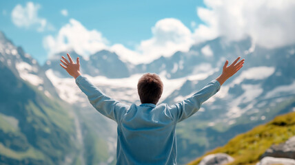 A man with outstretched arms enjoying the majestic view of snow-capped mountains under a bright blue sky.