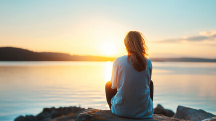 woman meditating on the beach at sunset