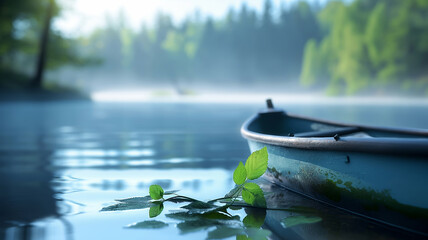 Close up a serene scene of a boat by the lakeside, surrounded by lush greenery and mist.