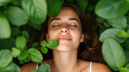A woman peacefully lying amidst lush green leaves, reflecting tranquillity and harmony with nature.