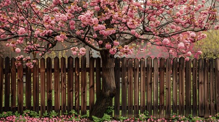 Obraz premium A wooden garden fence at backyard and bloom tree in spring