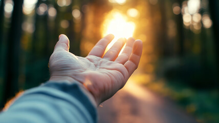 Close up of a hand stretches out towards the warm glow of the setting sun in a tranquil forest path.