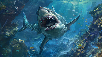 Obraz premium Amazing wallpaper for your desktop featuring a fearsome shark in its natural habitat.