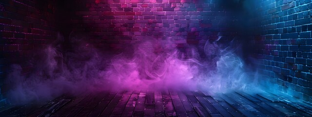 Abstract background with a brick wall, neon light and smoke. Dark room with a floor and empty space for product presentation. Background with blue, purple and pink colors in the style of different art