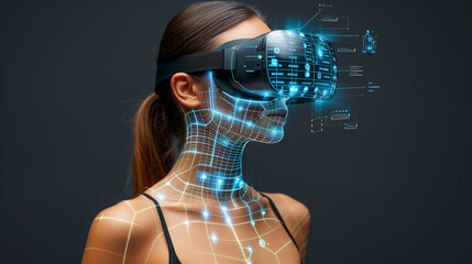 Woman Experiencing Virtual Reality With Digital Grid Overlaying Her Body