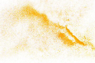 Turmeric powder pile scattered isolated on white background, flying	