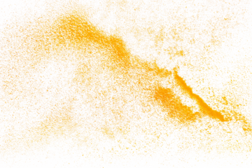 Turmeric powder pile scattered isolated on white background, flying	