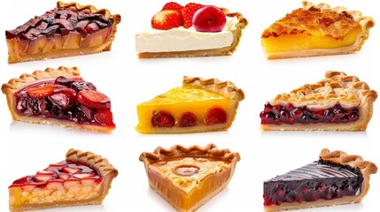 Various slices of fruit pies, set. apple pie, cherry pie, strawberry pie. Different flavors of pie pastries isolated on white background. 