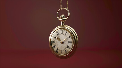 Floating Pocket Watch: A classic pocket watch floating in mid-air on a solid maroon background.


