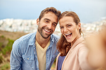 Obraz premium Couple, portrait and selfie with happiness for love, care and smile together in summer. Man, woman and Italy adventure for profile picture, honeymoon and romantic date or vacation view to relax