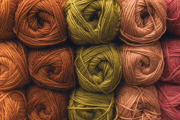 Several skeins of colored yarn. Fluffy plush yarn in cozy colors. Crocheting and knitting. A calm...