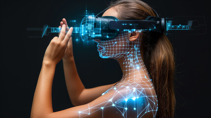 Woman Using Virtual Reality Headset With Digital Overlay