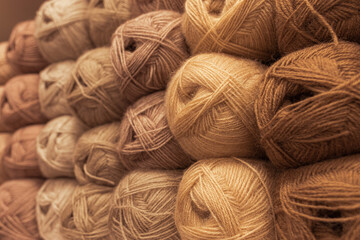 Several skeins of colored yarn. Fluffy plush yarn in cozy colors. Crocheting and knitting. A calm...