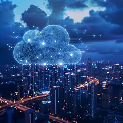 Obraz premium A city skyline with digital cloud technology overlay