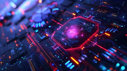 Obraz premium Close-up of a glowing microchip, representing advanced technology and digital circuits.