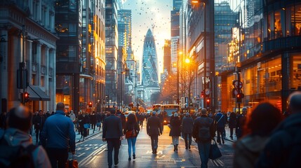 Obraz premium Business People Walking in London Cityscape at Sunset