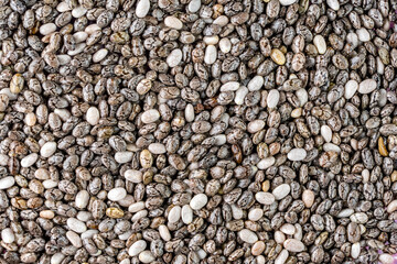 Numerous dried or dehydrated chia seeds spread evenly
