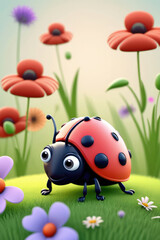 Naklejka premium Adorable funny cute ladybug of children-friendly cartoon animation fantasy style.