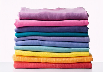A stack of clean, neatly folded colorful clothes in pink, blue, yellow, green, and orange, viewed from the front on a white background.  the vibrant and pristine appearance of the and colorful themes.