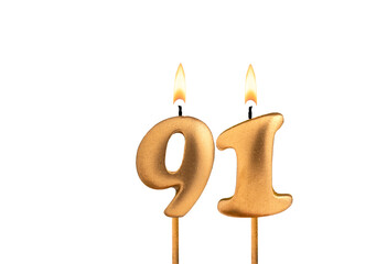 Birthday number 91 - Golden candle on white background