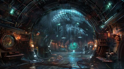 Atmospheric steampunk-themed industrial interior with dim lighting, mechanical details, and cyberpunk influences, perfect for sci-fi backgrounds.