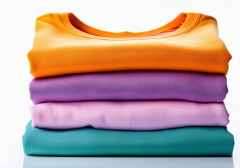 A stack of clean, neatly folded colorful clothes in pink, blue, yellow, green, and orange, viewed from the front on a white background.  the vibrant and pristine appearance of the and colorful themes.