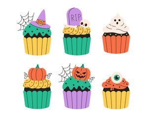 Cute Halloween cupcakes with eyes, spider, web, ghost, pumpkins, bones. Happy Halloween. Trick or treat. Vector illustration in flat style