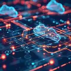  Futuristic cloud computing network, emphasizing advanced technology, data management, and digital infrastructure