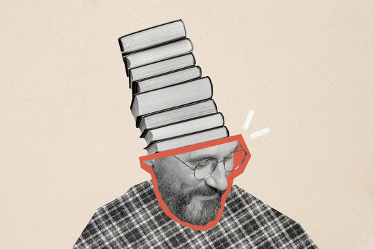 Composite photo collage of happy man cut head book stack education reader literature learner novel author isolated on painted background