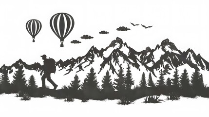 Obraz premium Spirit of adventure. Wall art design featuring hot air balloons, mountains and forests in the background. A man with a backpack is walking towards