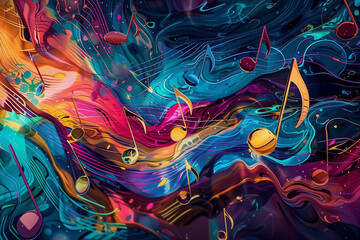 Vibrant Abstract Artwork Depicting Flowing Musical Elements with Dynamic Colors and Fluid Shapes
