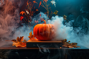 Spooky Halloween Scene with Glowing Pumpkins, Jack O’Lanterns, Eerie Smoke, and Haunted Atmosphere