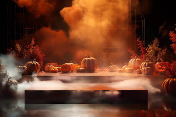 Spooky Halloween Scene with Glowing Pumpkins, Jack O’Lanterns, Eerie Smoke, and Haunted Atmosphere