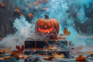 Spooky Halloween Scene with Glowing Pumpkins, Jack O’Lanterns, Eerie Smoke, and Haunted Atmosphere