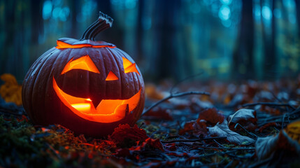 Spooky Halloween Scene with Glowing Pumpkins, Jack O’Lanterns, Eerie Smoke, and Haunted Atmosphere