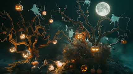 Spooky Halloween Scene with Twisted Trees, Glowing Pumpkins, Ghosts, and Eerie Smoke