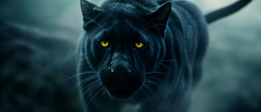 Black Panther Stalks Through Fog: Powerful Predator with Piercing Yellow Eyes. Wildlife, Nature, Animal Concept. Wildlife & Power