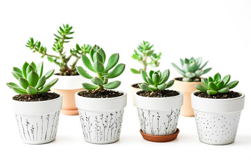 Obraz premium Succulents in white pots with black floral designs