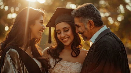 A young woman in a graduation cap and gown smiles with her family after a ceremony