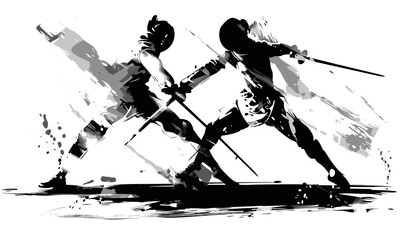 Naklejka premium Two people fencing. Abstract black and white illustration.