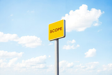 Yellow Sign With Scope Text Against Cloudy Sky