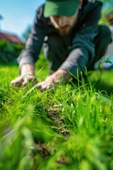 A man working in a grassy field, kneeling down to tend to plants.