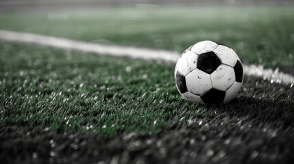 Fototapeta premium Black and white soccer and football on the green field. Great for posters, cards, websites, and apps.